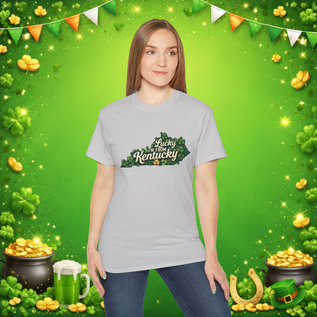 Lucky I’m From Kentucky T-Shirt – St. Patrick’s Day Shamrock Kentucky Shirt – Irish Bluegrass Pride Graphic Tee