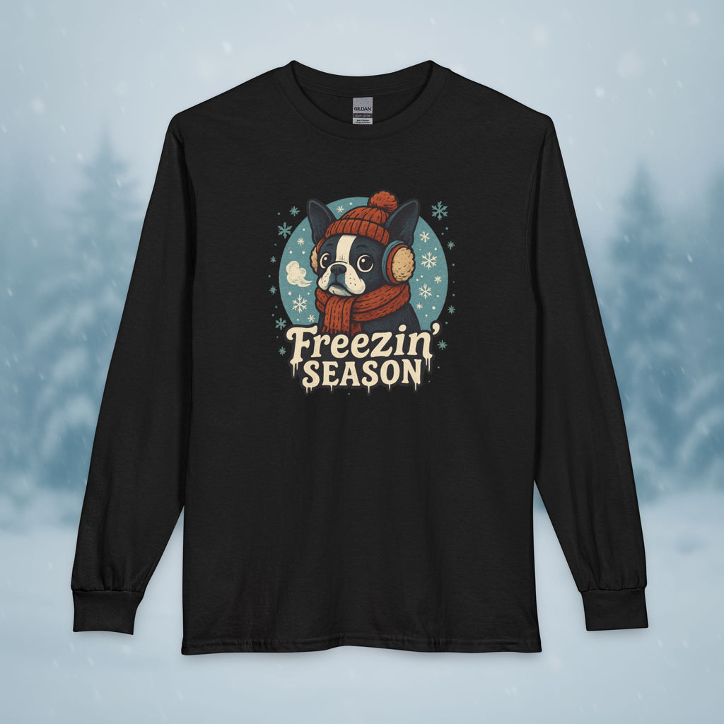 Freezin’ Season Boston Terrier Winter Long Sleeve Shirt – Cute Dog Lover Cold Weather Tee