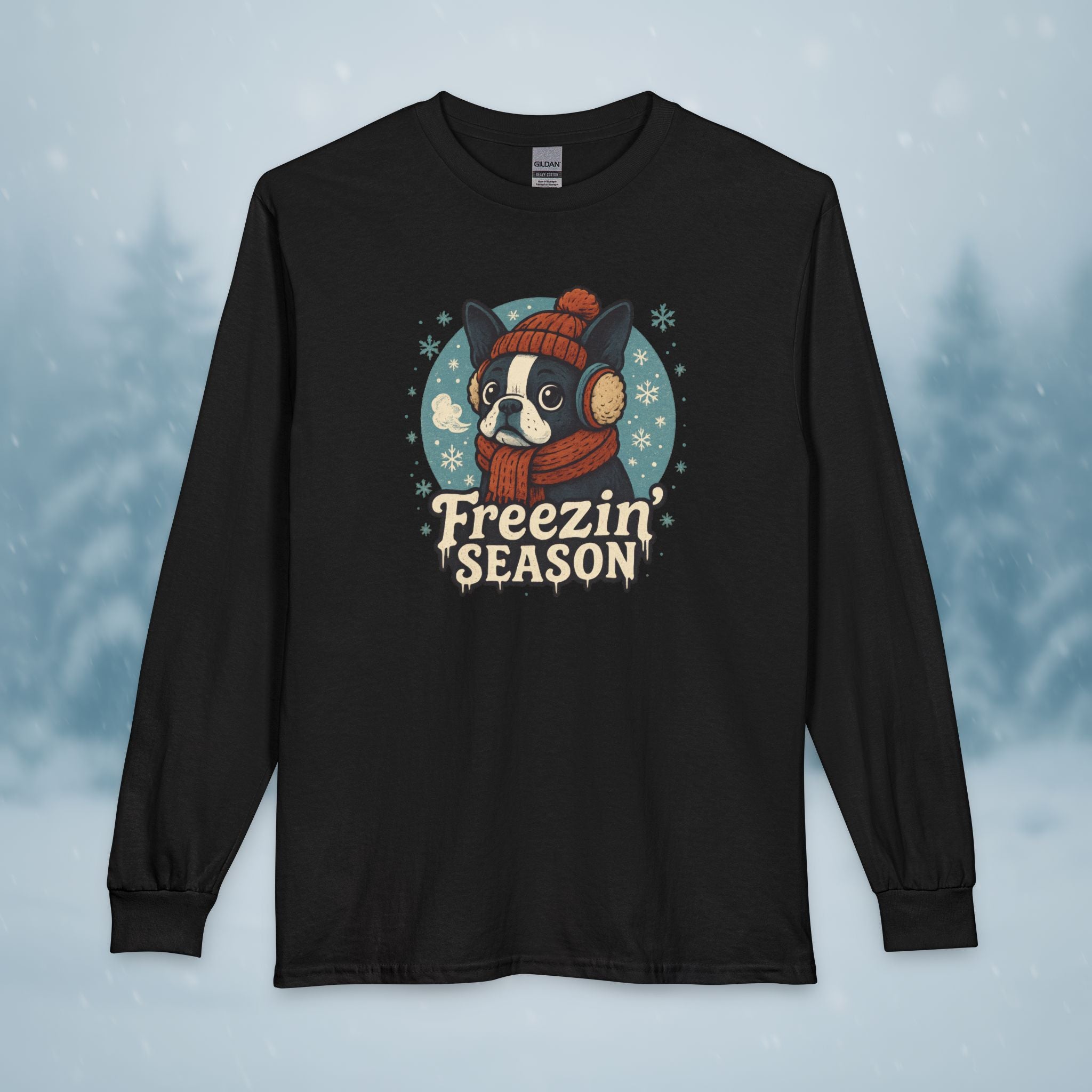 Freezin’ Season Boston Terrier Winter Long Sleeve Shirt – Cute Dog Lover Cold Weather Tee