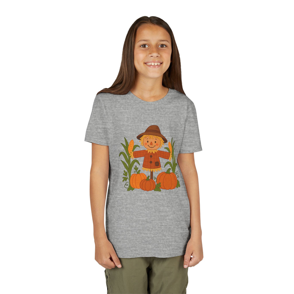 🍂 Cute Fall Scarecrow Kids T-Shirt – Autumn Pumpkins & Corn Patch Design