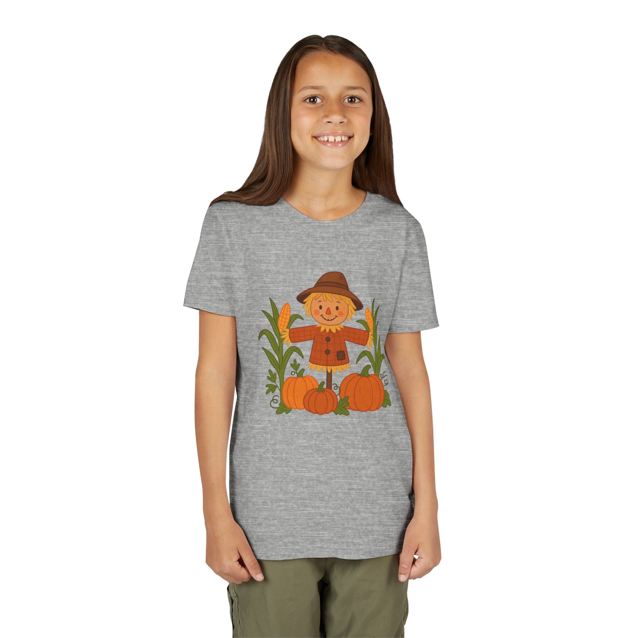 🍂 Cute Fall Scarecrow Kids T-Shirt – Autumn Pumpkins & Corn Patch Design