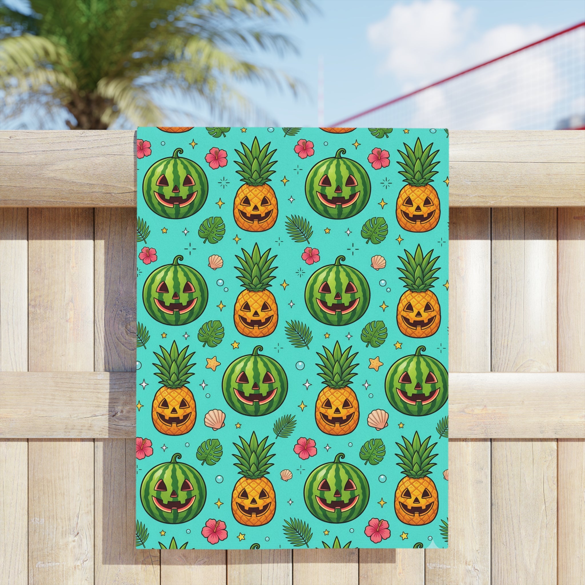 Summerween Beach Towel – Watermelon & Pineapple Jack-O’-Lantern Tropical Halloween Towel