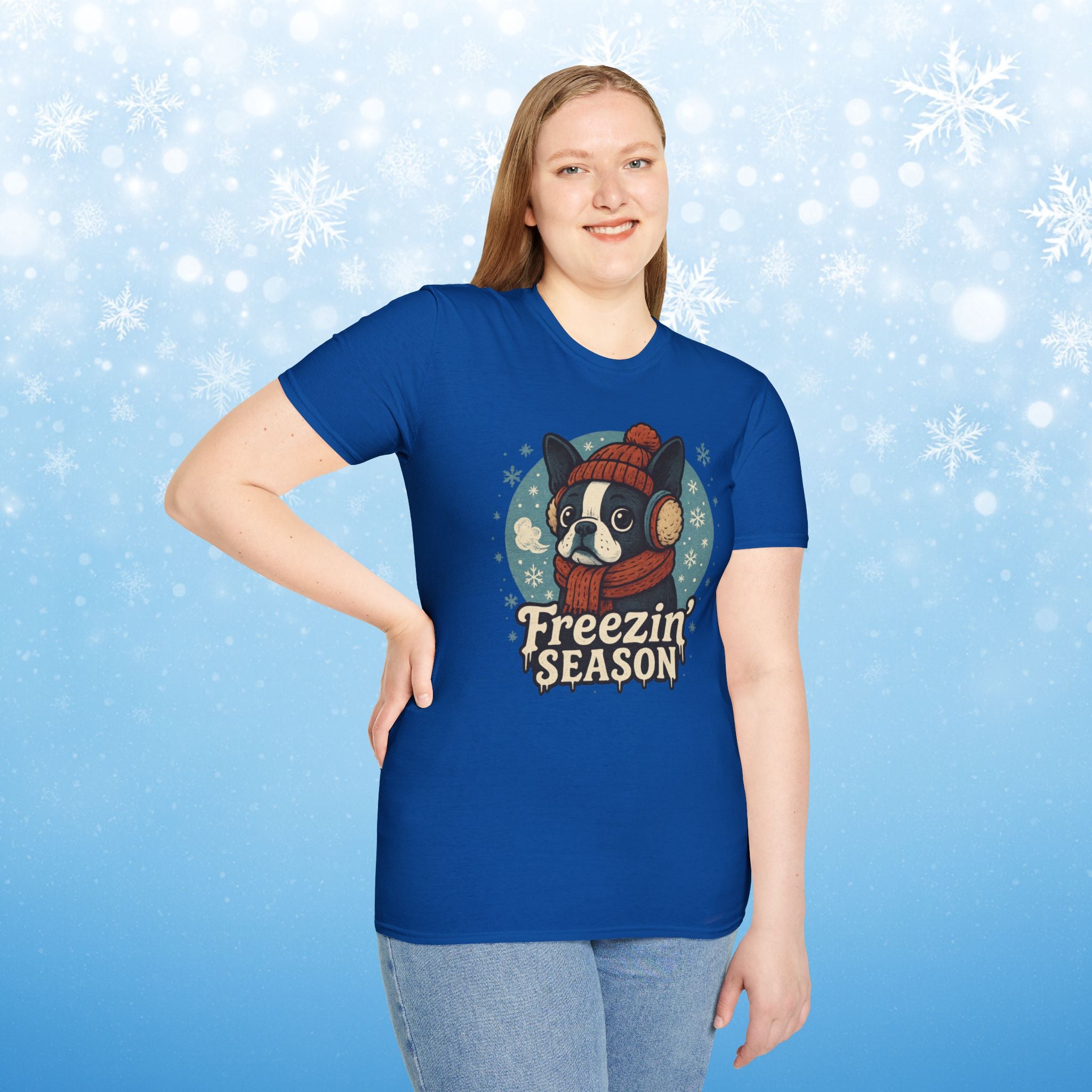 Freezin’ Season Boston Terrier Winter T-Shirt – Cute Dog Lover Tee, Cozy Holiday Graphic Shirt