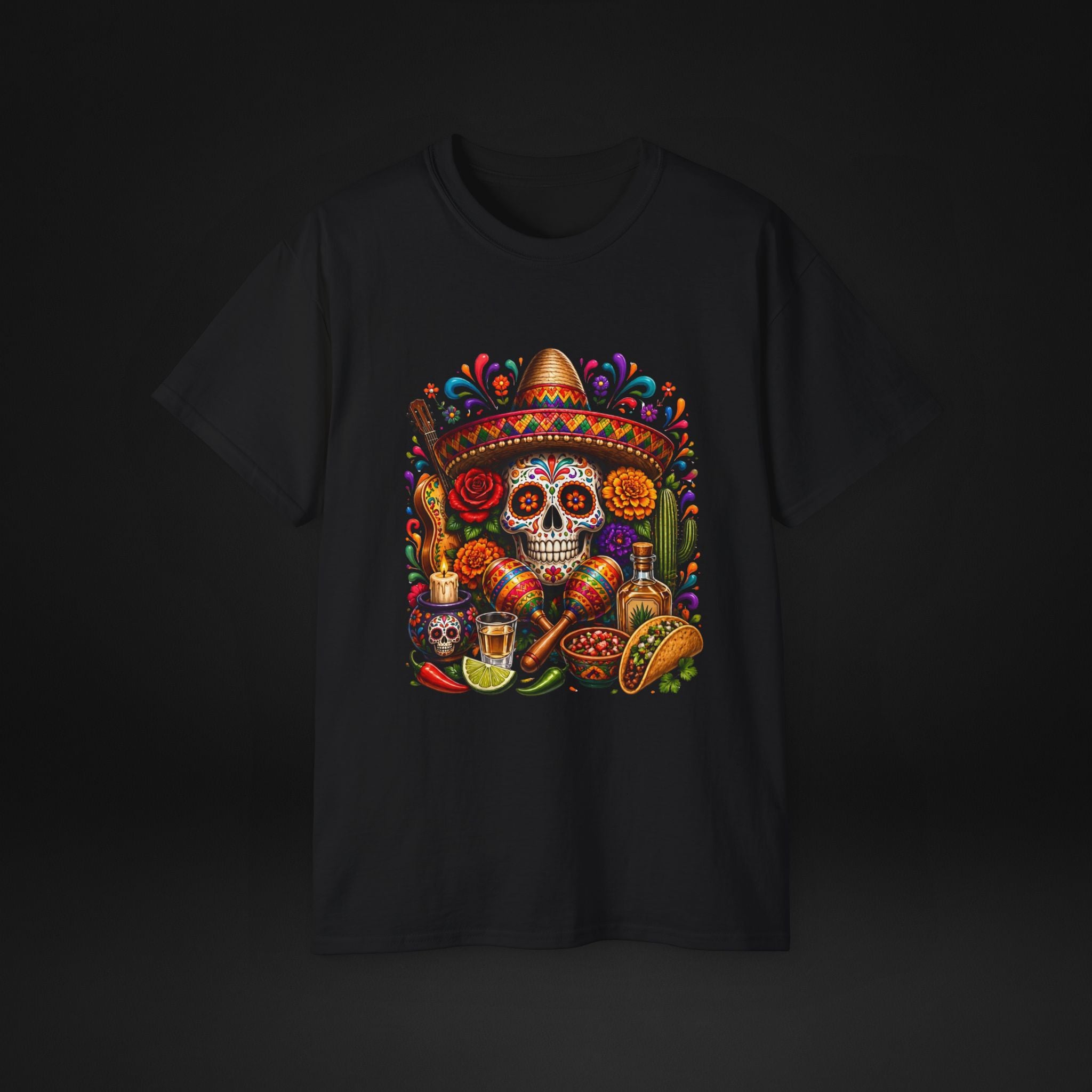 Cinco de Mayo Sugar Skull T-Shirt – Fiesta Sombrero Taco & Tequila Graphic Tee