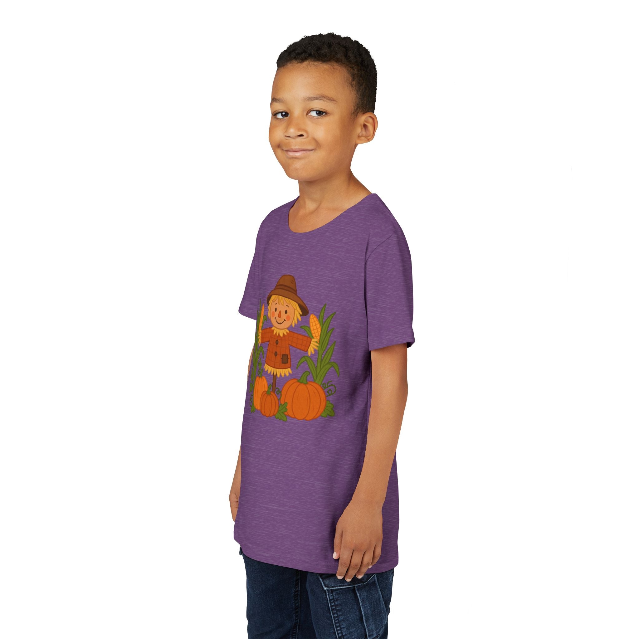 🍂 Cute Fall Scarecrow Kids T-Shirt – Autumn Pumpkins & Corn Patch Design