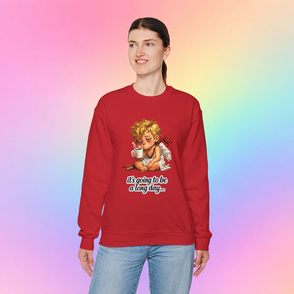 It’s Going to Be a Long Day Cupid Valentine’s Day Sweatshirt – Funny Coffee Angel Pullover