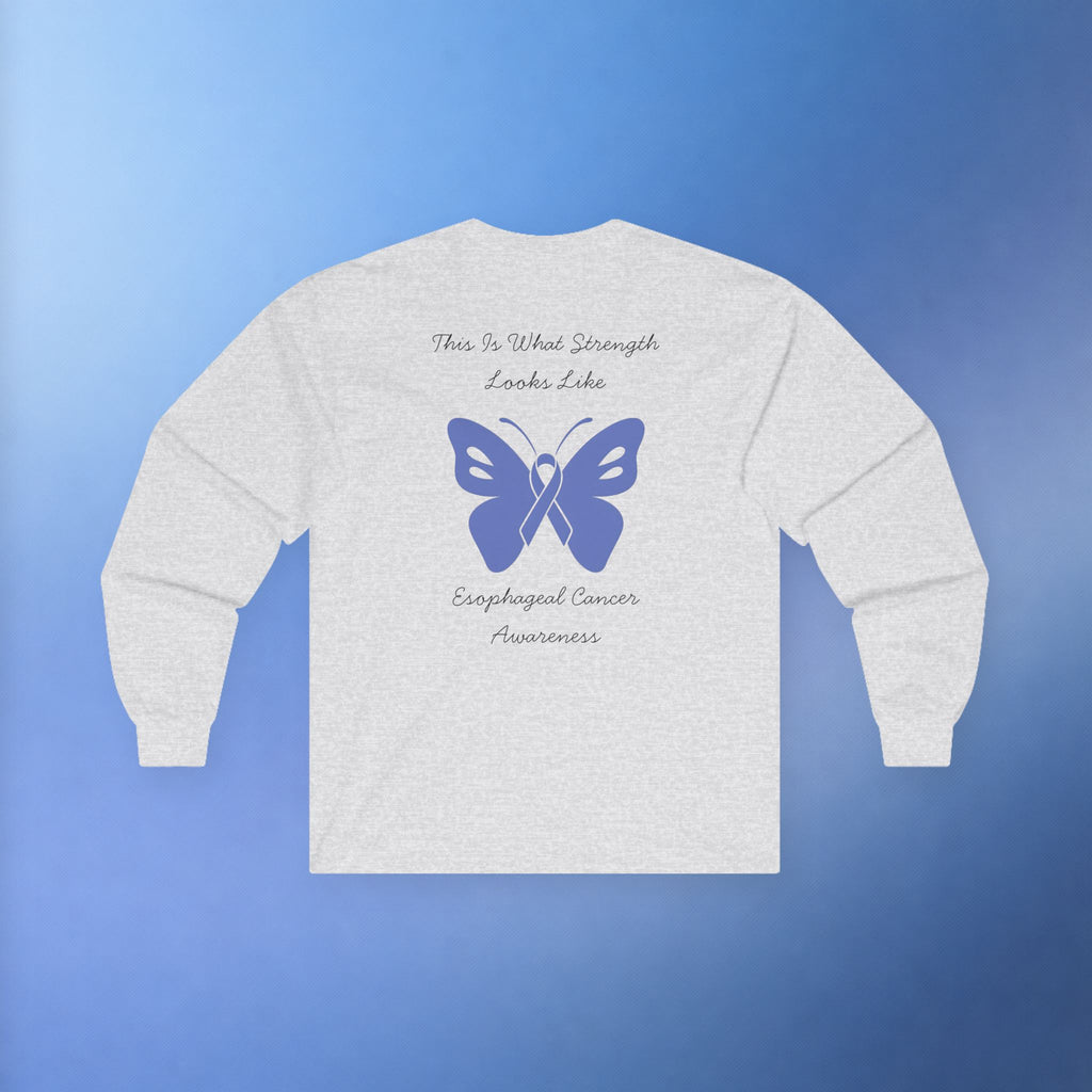 Esophageal Cancer Awareness Long Sleeve T-Shirt | This Is What Strength Looks Like Butterfly Ribbon Shirt