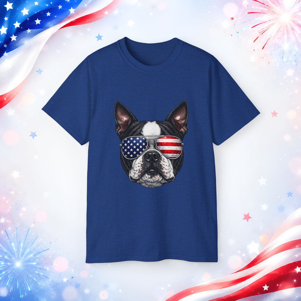 Patriotic Boston Terrier 4th of July T-Shirt | American Flag Dog Sunglasses Tee