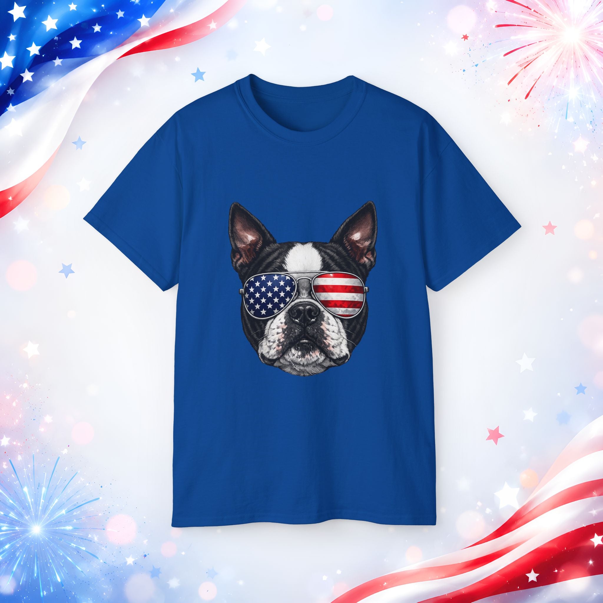 Patriotic Boston Terrier 4th of July T-Shirt | American Flag Dog Sunglasses Tee