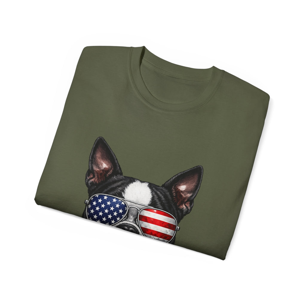 Patriotic Boston Terrier 4th of July T-Shirt | American Flag Dog Sunglasses Tee