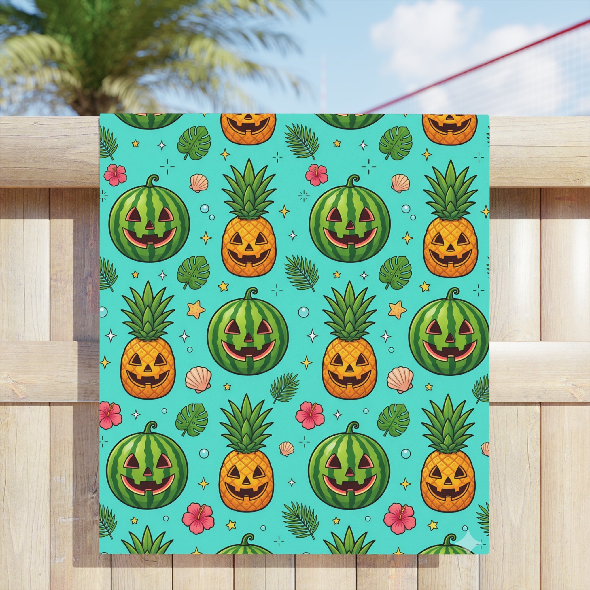 Summerween Beach Towel – Watermelon & Pineapple Jack-O’-Lantern Tropical Halloween Towel