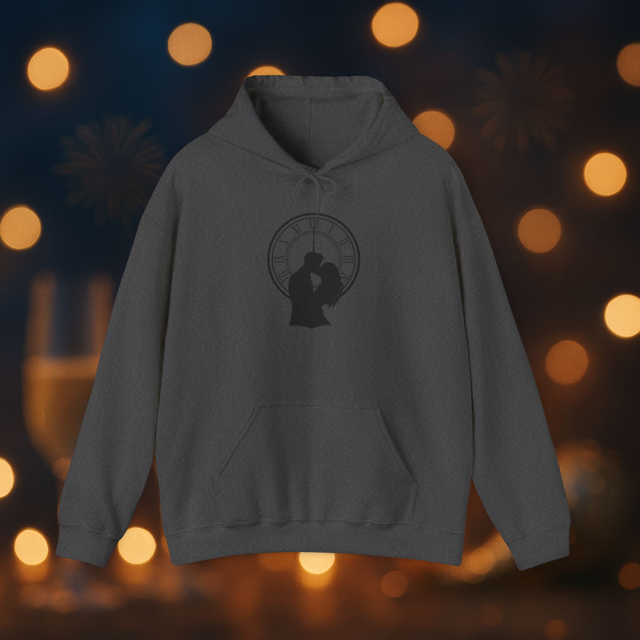 Midnight Kiss New Year’s Eve Hoodie – Romantic Clock Silhouette Pullover