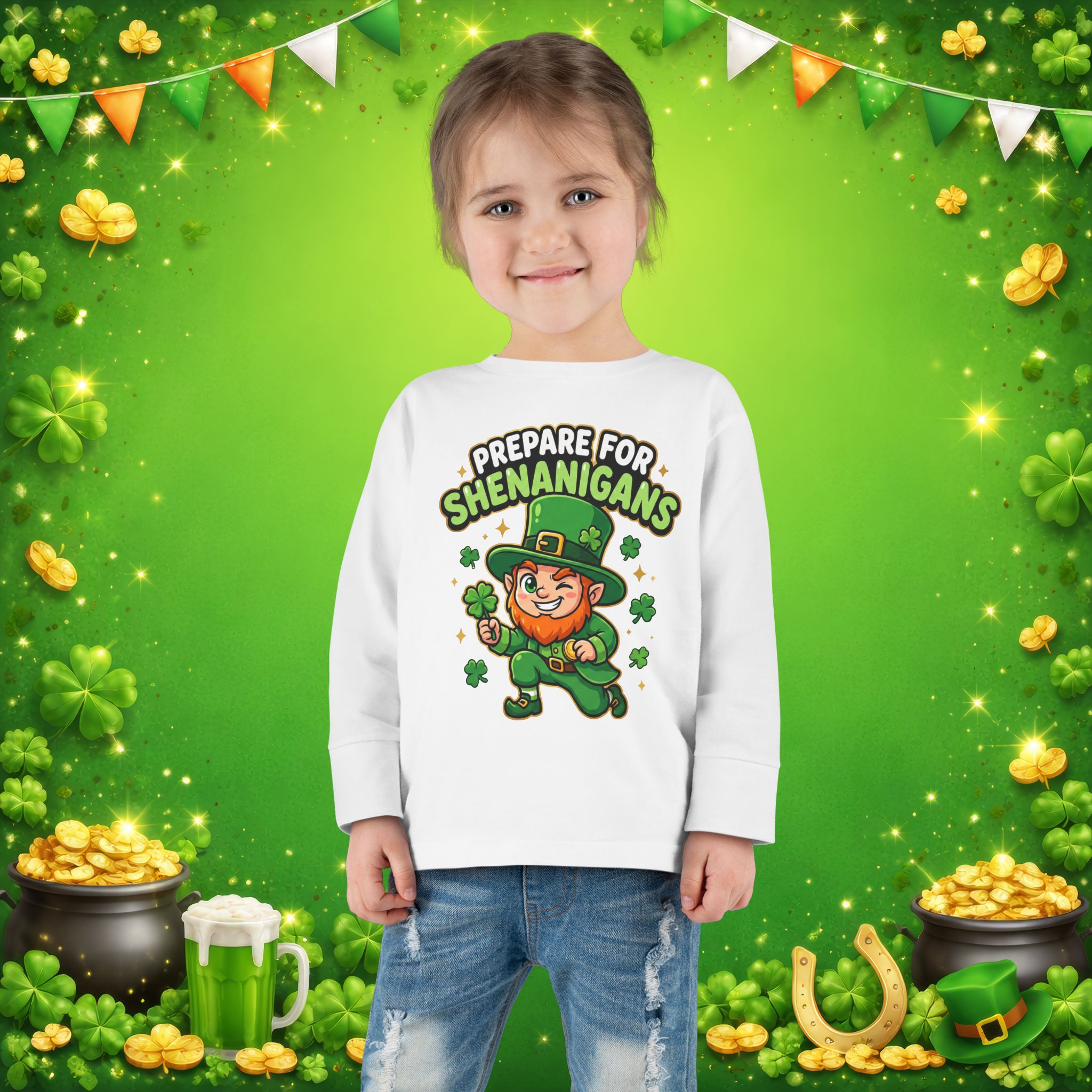 Prepare For Shenanigans Toddler Long Sleeve Shirt – Funny St. Patrick’s Day Leprechaun Tee for Kids