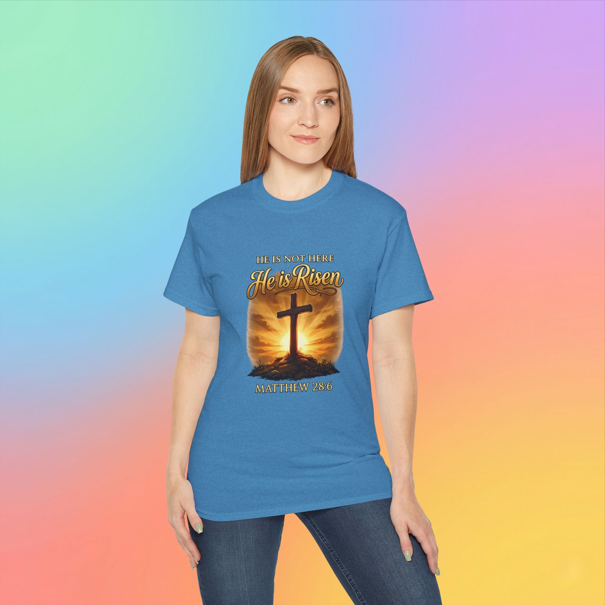 Christian Easter Shirt – He Is Risen Matthew 28:6 Cross Resurrection T-Shirt Faith-Based Easter Apparel