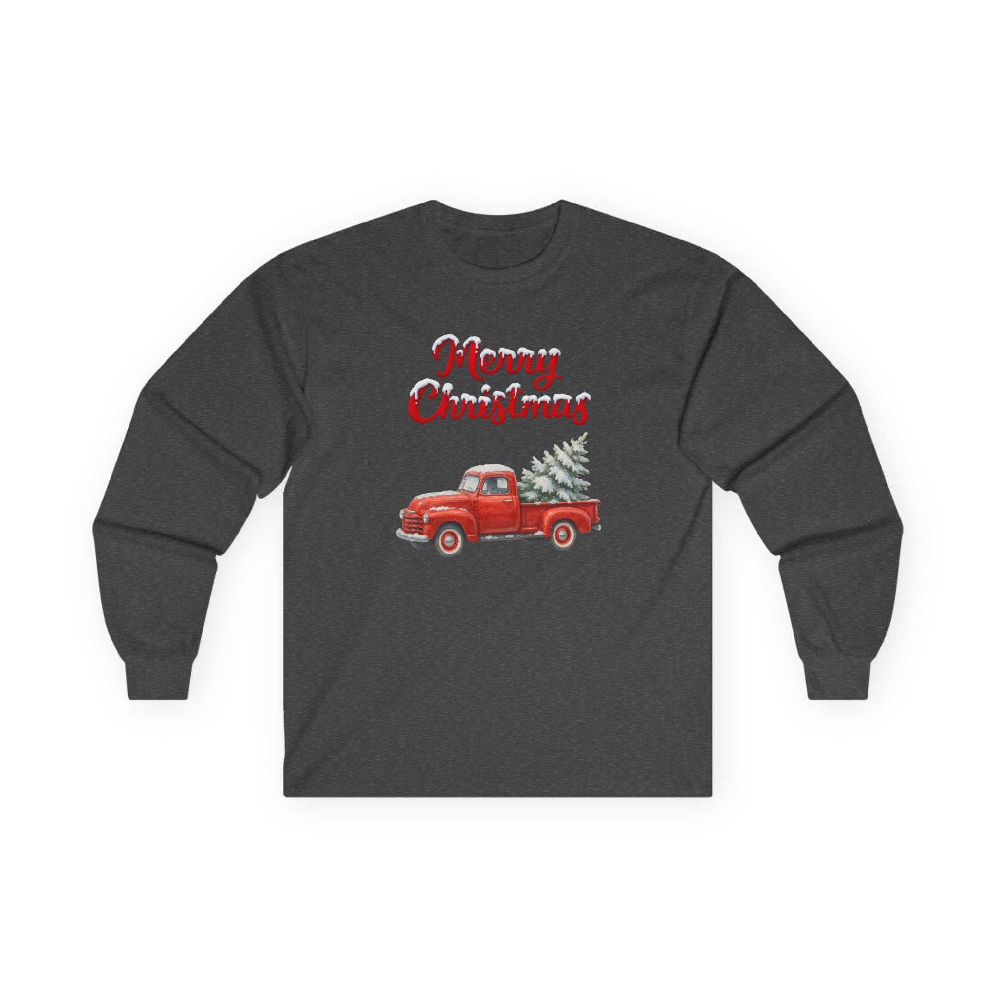 Merry Christmas Red Vintage Truck Long Sleeve T-Shirt – Classic Holiday Graphic Tee with Christmas Trees