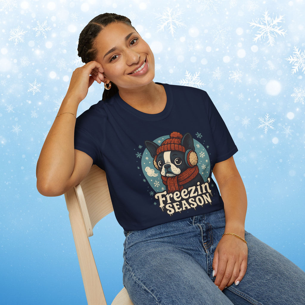 Freezin’ Season Boston Terrier Winter T-Shirt – Cute Dog Lover Tee, Cozy Holiday Graphic Shirt