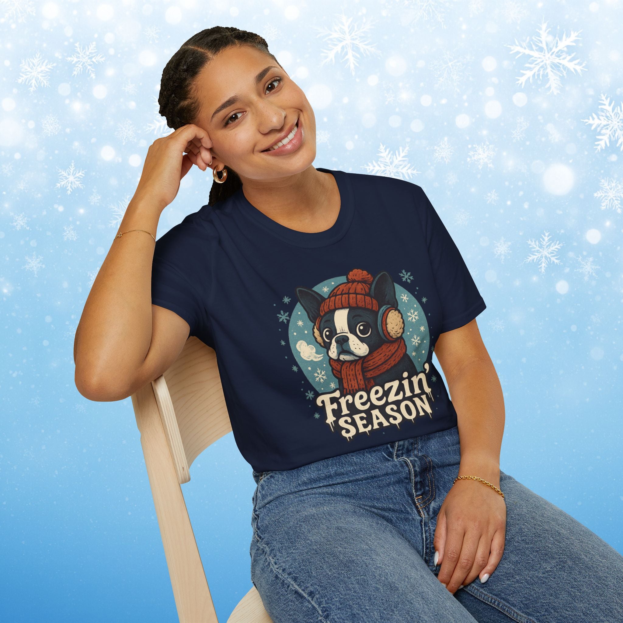 Freezin’ Season Boston Terrier Winter T-Shirt – Cute Dog Lover Tee, Cozy Holiday Graphic Shirt