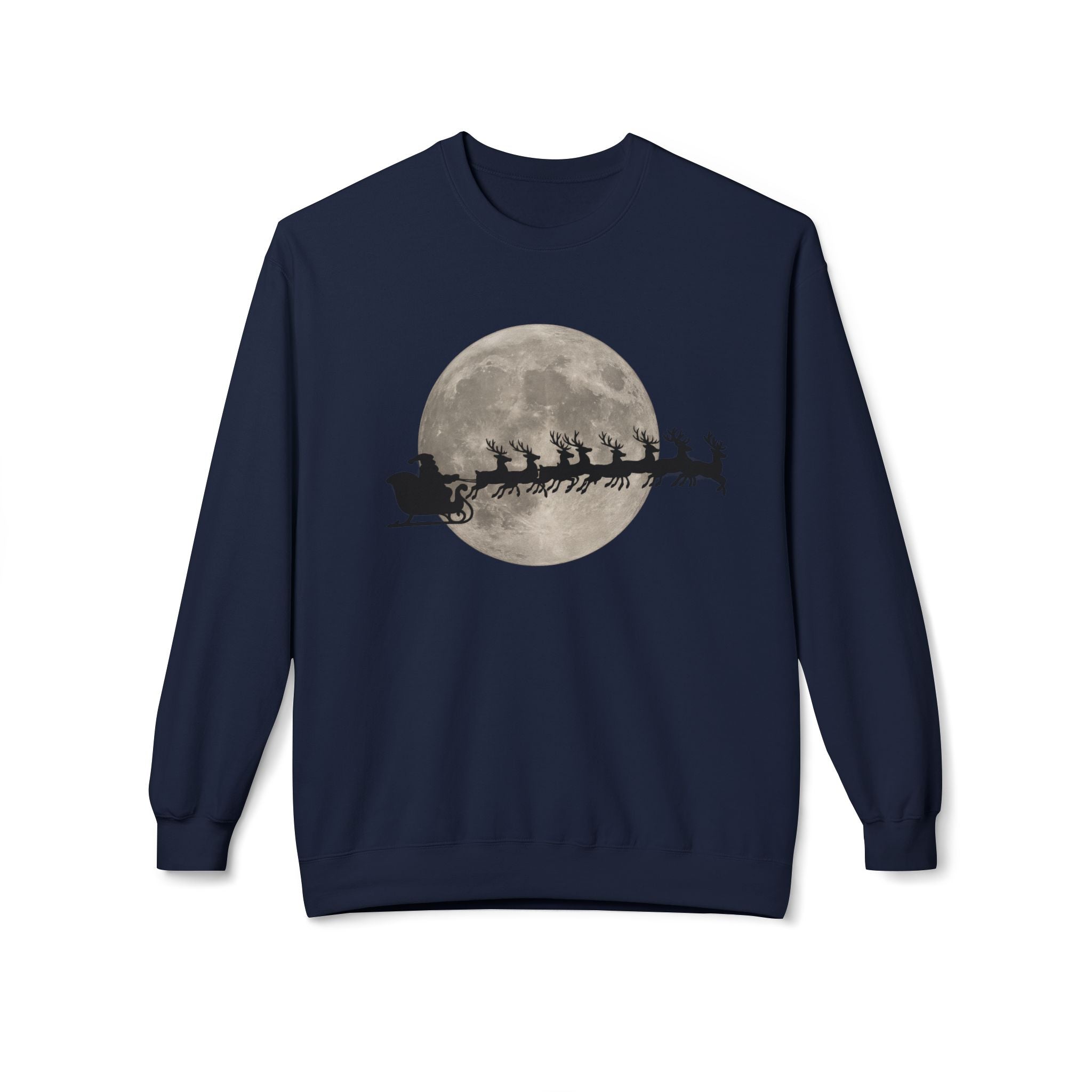 Silent Night Flight — Santa and Reindeer Full Moon Christmas Sweatshirt