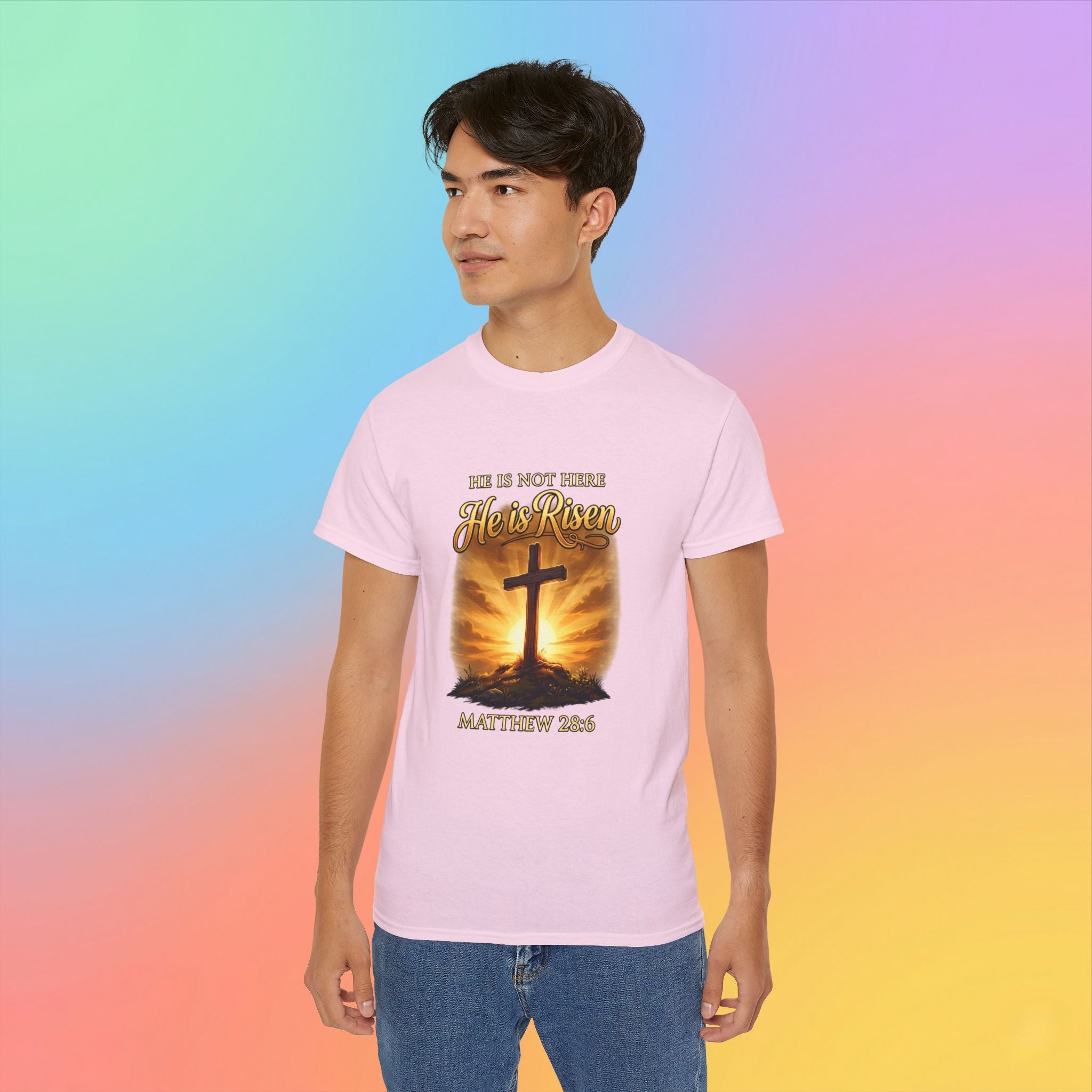 Christian Easter Shirt – He Is Risen Matthew 28:6 Cross Resurrection T-Shirt Faith-Based Easter Apparel