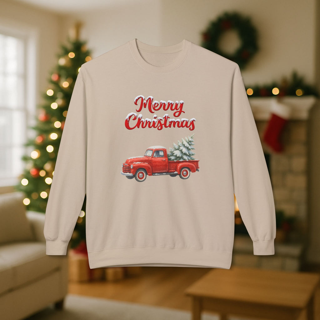 Merry Christmas Red Vintage Truck Sweatshirt – Cozy Holiday Crewneck with Christmas Tree Design