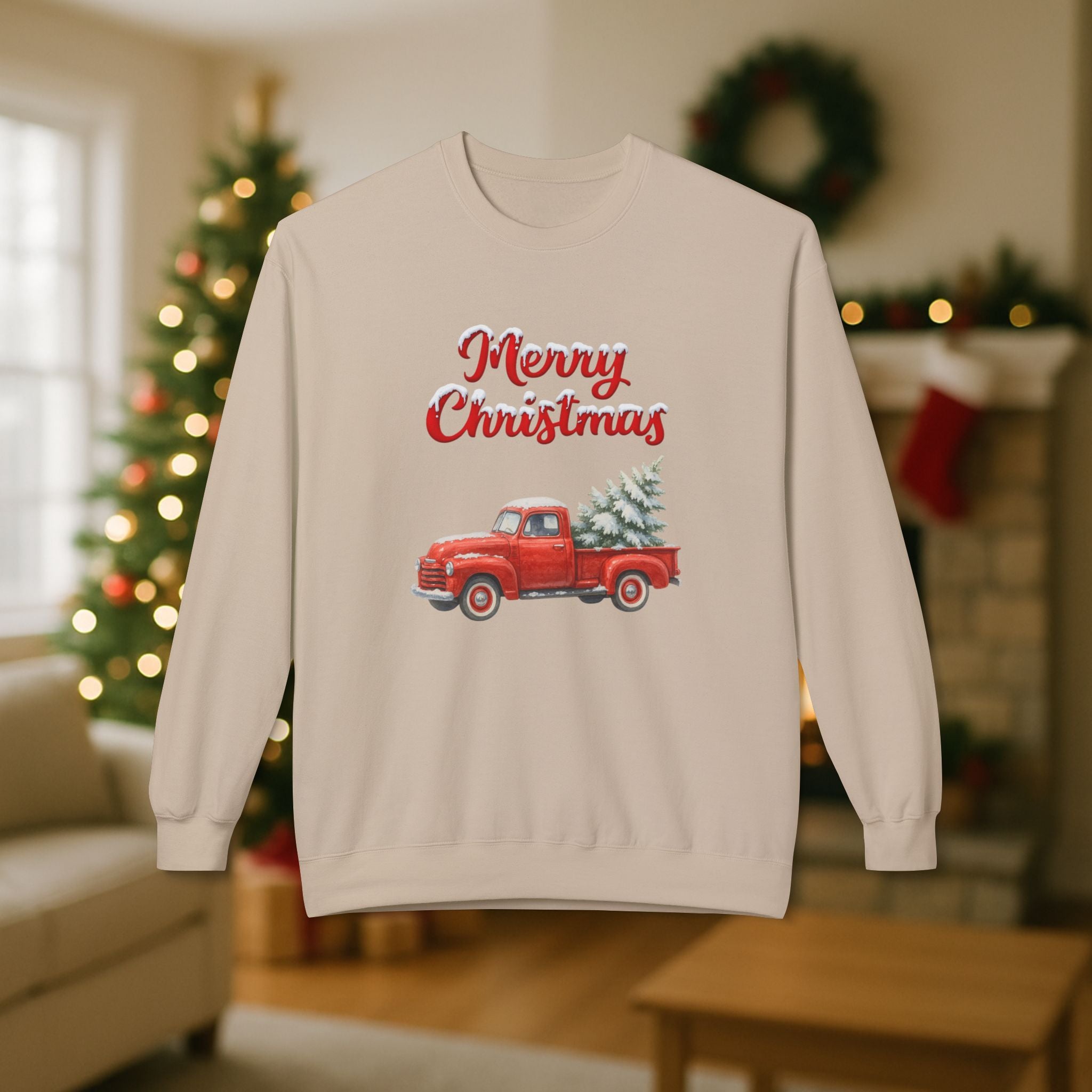 Merry Christmas Red Vintage Truck Sweatshirt – Cozy Holiday Crewneck with Christmas Tree Design