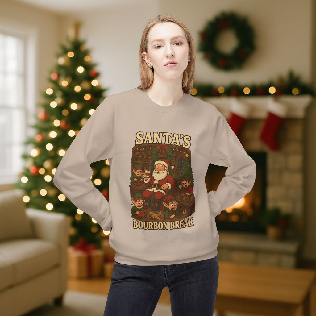 Santa’s Bourbon Break Christmas Sweatshirt – Funny Bourbon Lover Holiday Crewneck for Kentucky Bourbon Fans & Festive Christmas Gift