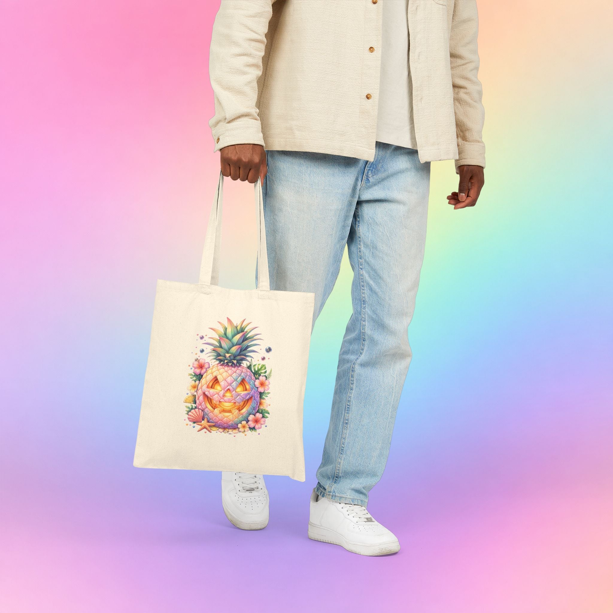 Summerween Pineapple Jack-O’-Lantern Canvas Tote Bag | Tropical Halloween Beach Bag