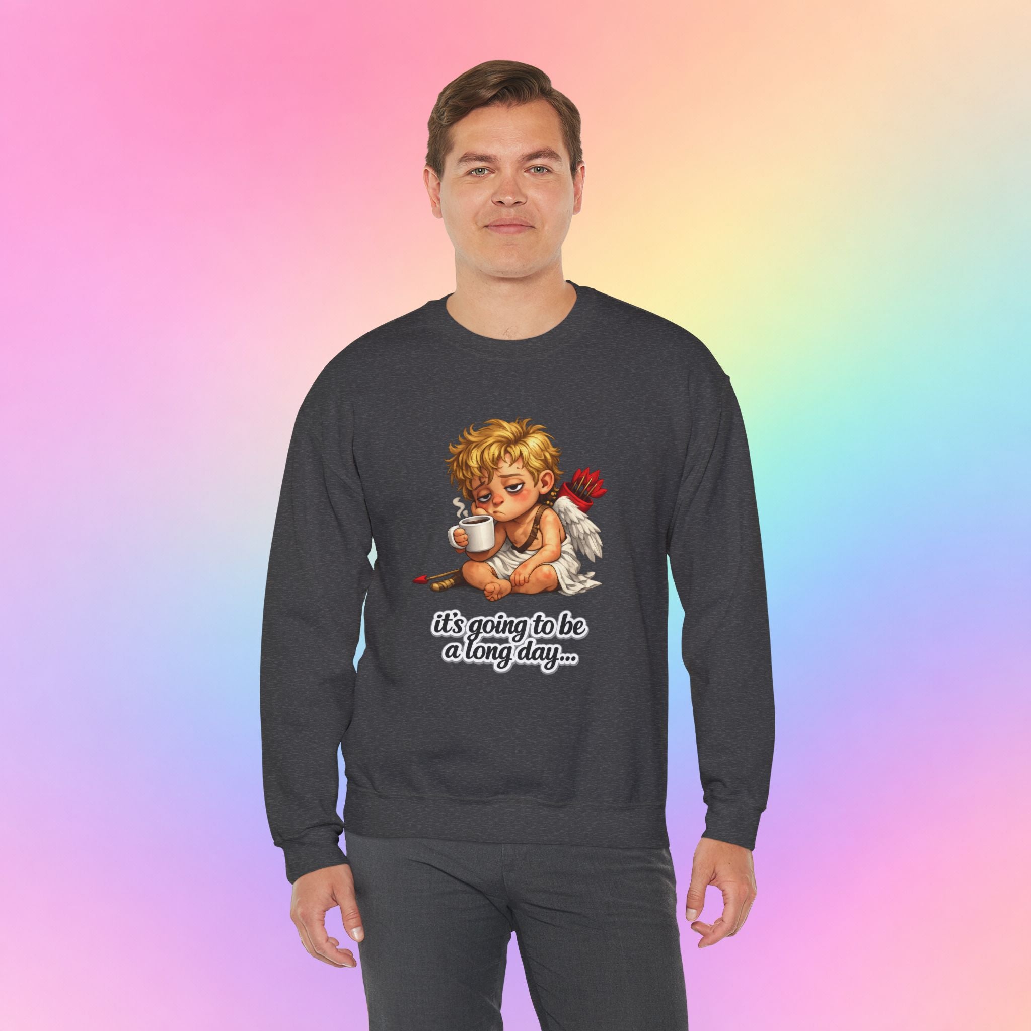 It’s Going to Be a Long Day Cupid Valentine’s Day Sweatshirt – Funny Coffee Angel Pullover