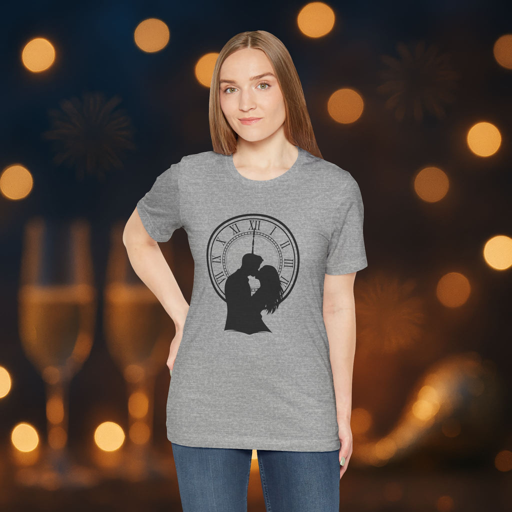 Midnight Kiss New Year’s Eve T-Shirt – Romantic Clock Silhouette Celebration Tee