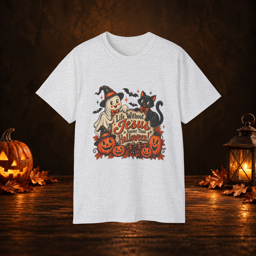 Halloween Christian T-Shirt — “Life Without Jesus Is Scary” Pumpkin & Cat Tee