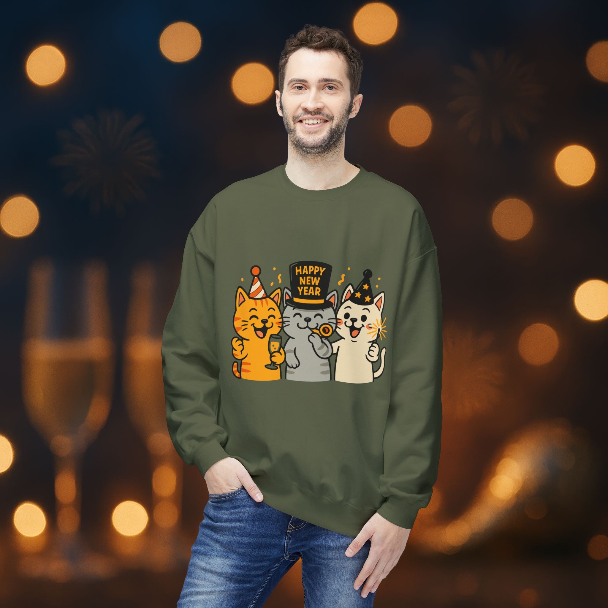 Happy New Year Cats Sweatshirt – Cute Party Cat Crewneck | New Year’s Eve Cat Lover Gift