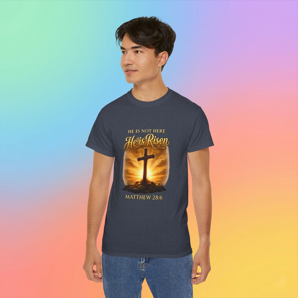 Christian Easter Shirt – He Is Risen Matthew 28:6 Cross Resurrection T-Shirt Faith-Based Easter Apparel