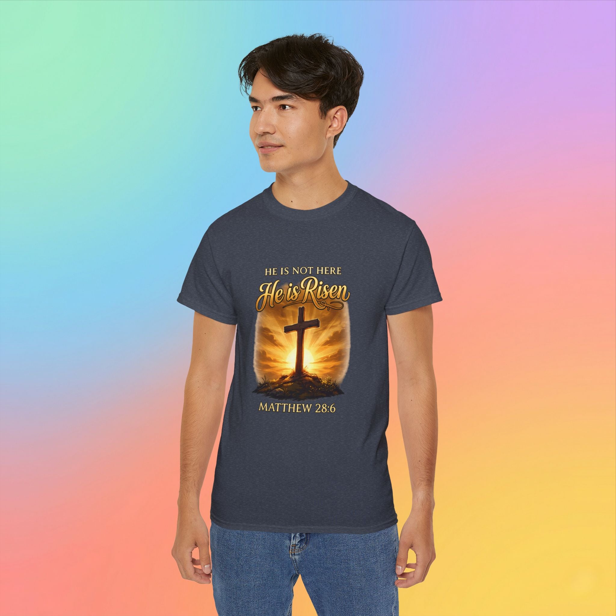 Christian Easter Shirt – He Is Risen Matthew 28:6 Cross Resurrection T-Shirt Faith-Based Easter Apparel