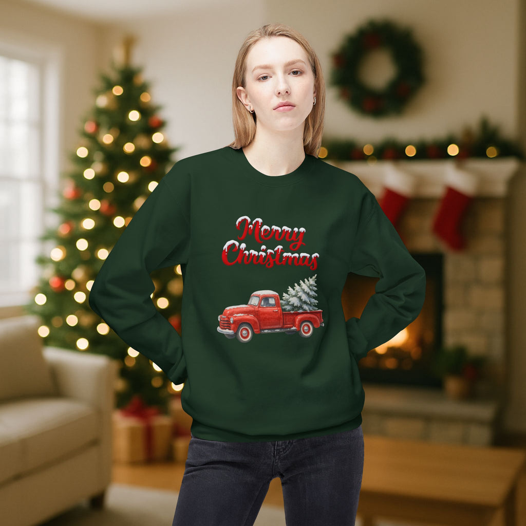 Merry Christmas Red Vintage Truck Sweatshirt – Cozy Holiday Crewneck with Christmas Tree Design