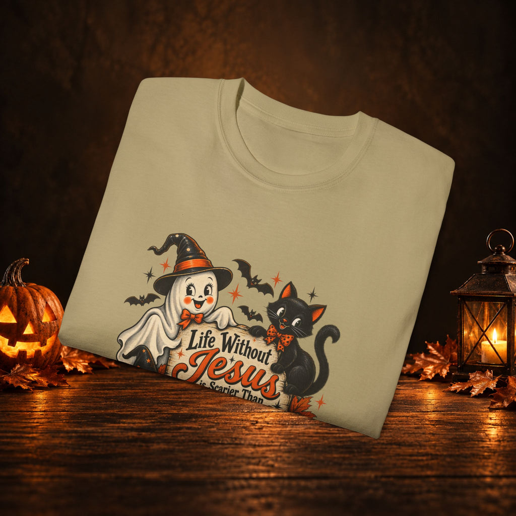Halloween Christian T-Shirt — “Life Without Jesus Is Scary” Pumpkin & Cat Tee