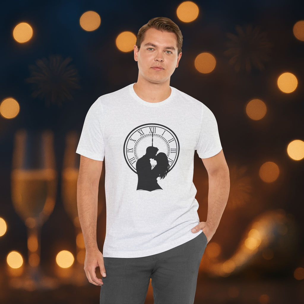 Midnight Kiss New Year’s Eve T-Shirt – Romantic Clock Silhouette Celebration Tee