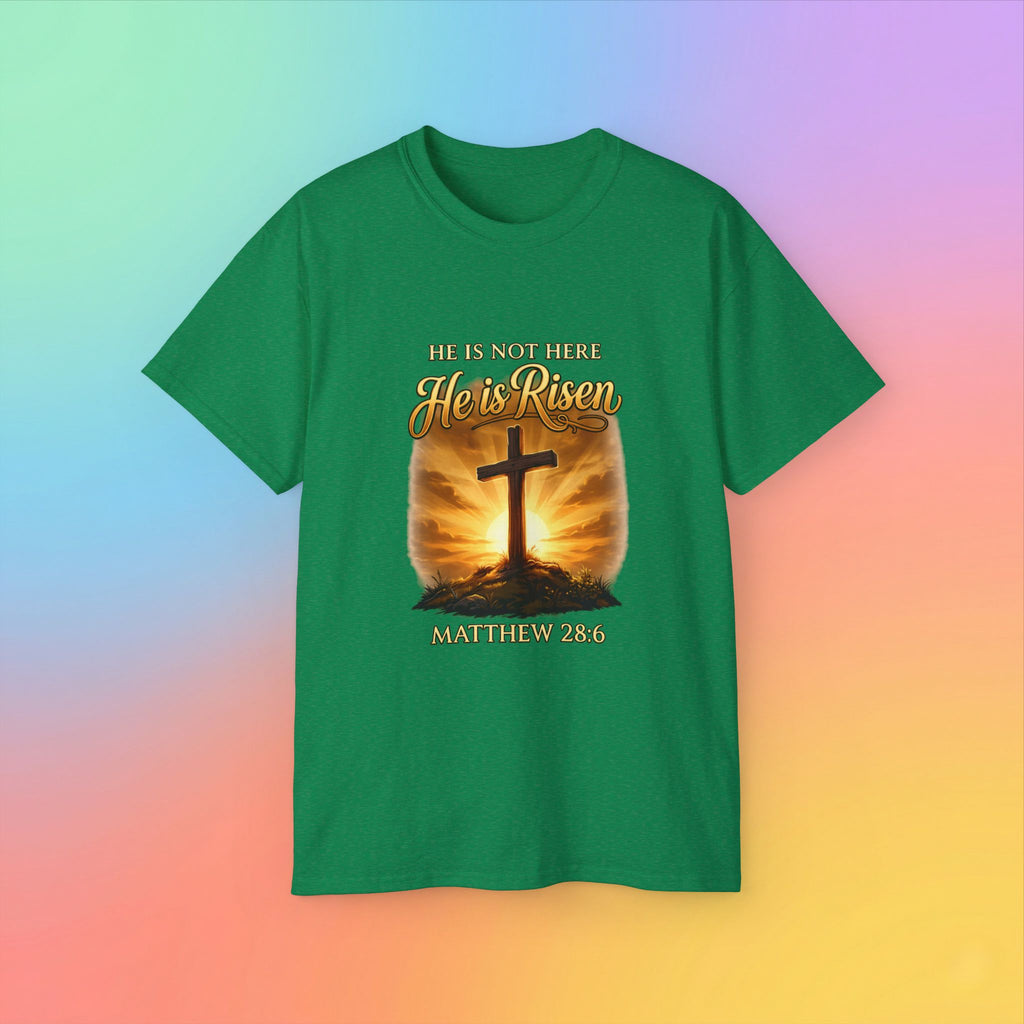 Christian Easter Shirt – He Is Risen Matthew 28:6 Cross Resurrection T-Shirt Faith-Based Easter Apparel