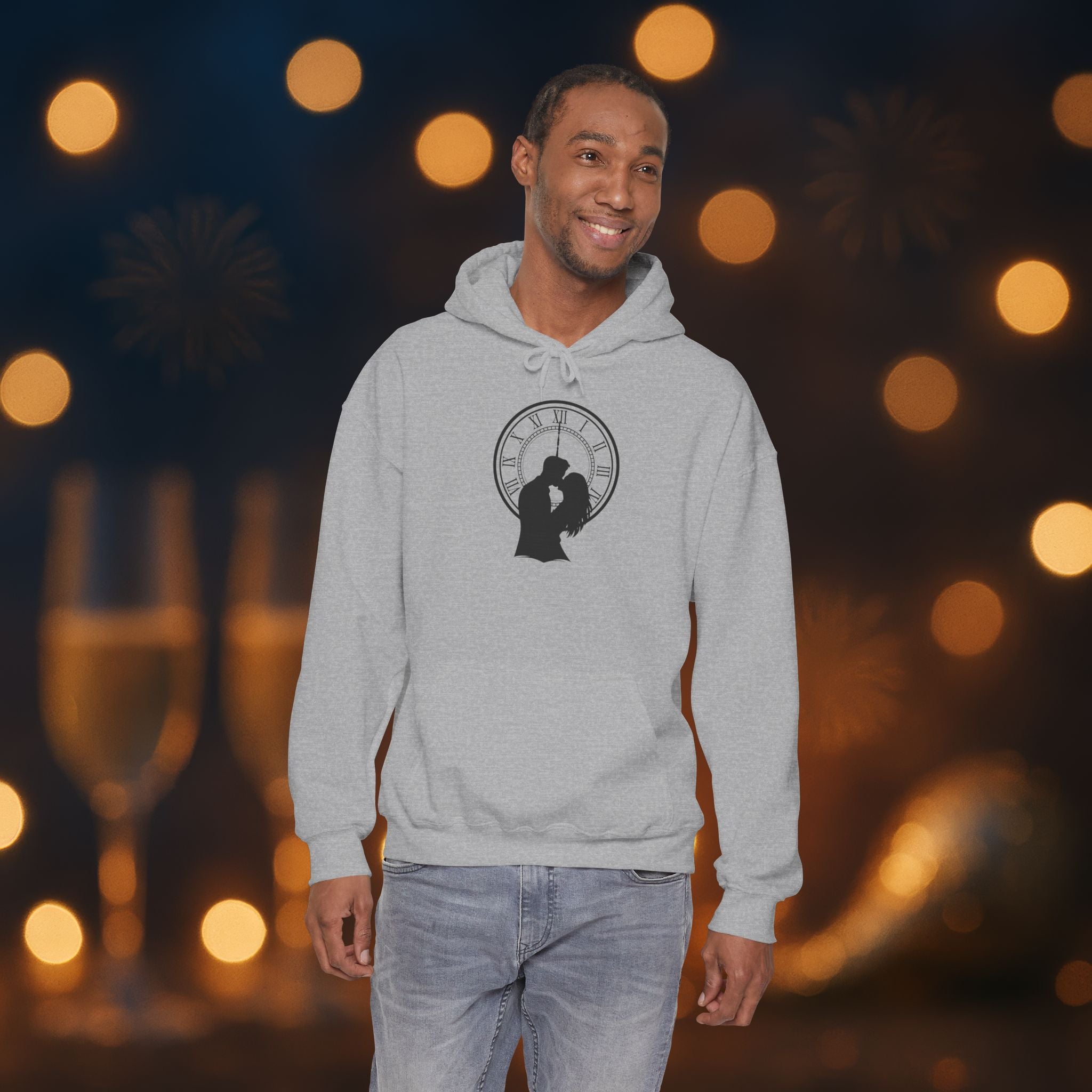 Midnight Kiss New Year’s Eve Hoodie – Romantic Clock Silhouette Pullover