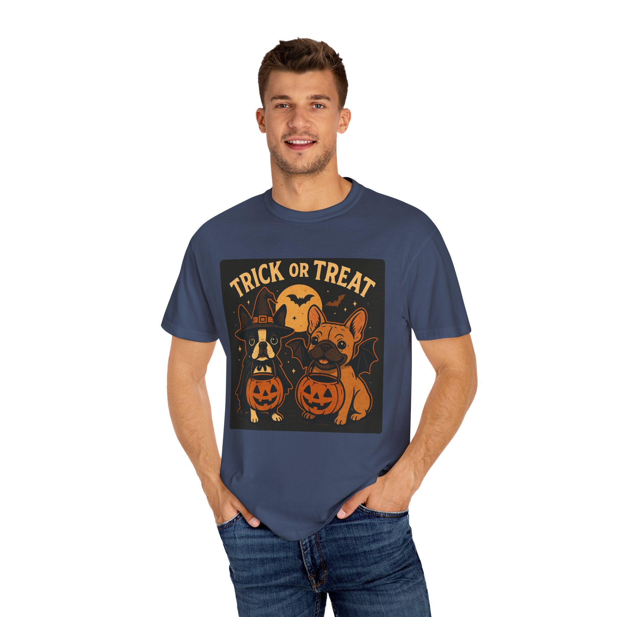 Trick or Treat Boston Terrier & Frenchie Halloween Shirt (Adult Unisex)