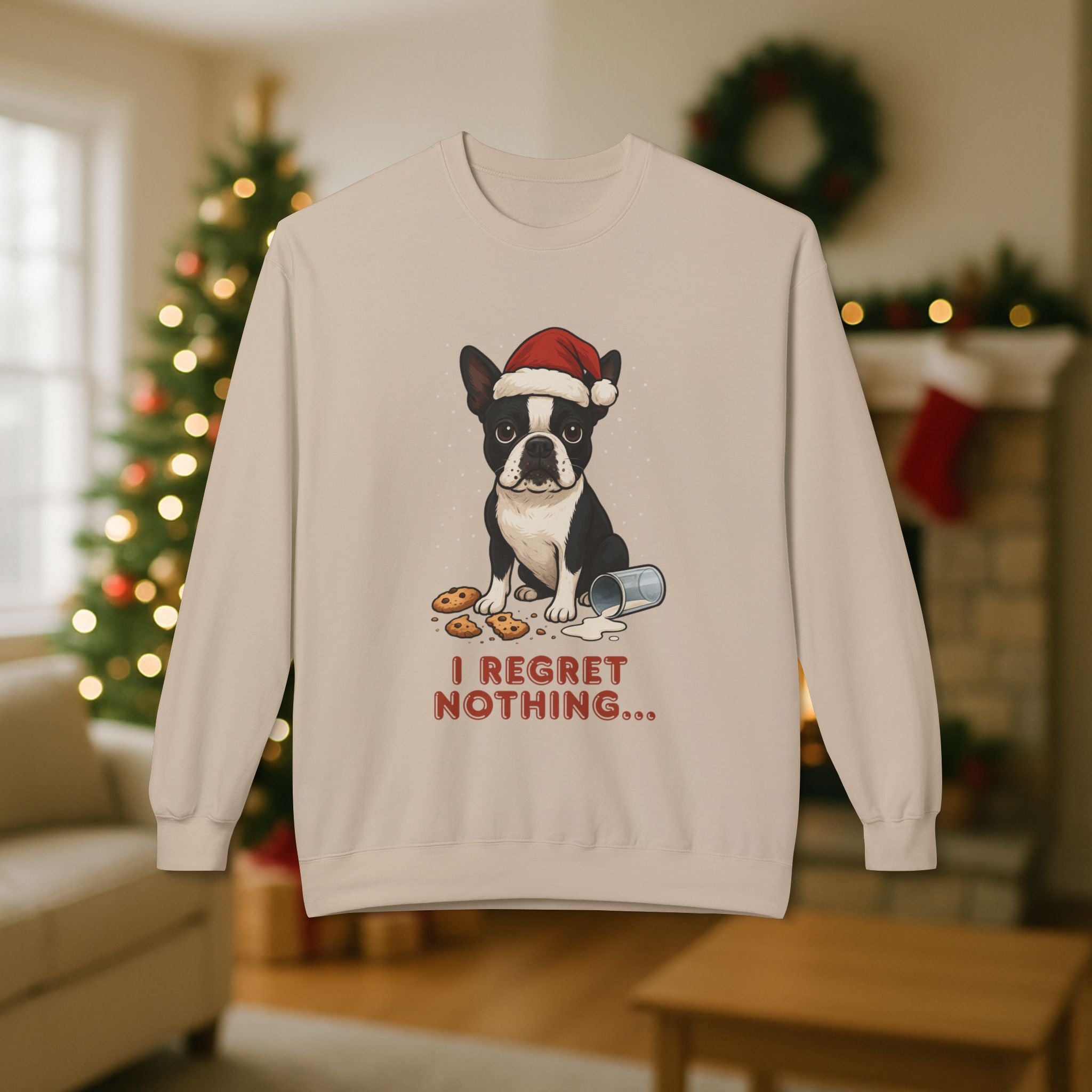 Boston Terrier “I Regret Nothing” Christmas Sweatshirt – Funny Holiday Dog Cookie Shirt