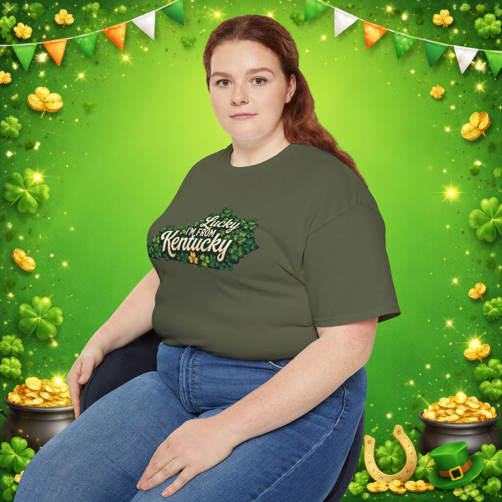 Lucky I’m From Kentucky T-Shirt – St. Patrick’s Day Shamrock Kentucky Shirt – Irish Bluegrass Pride Graphic Tee