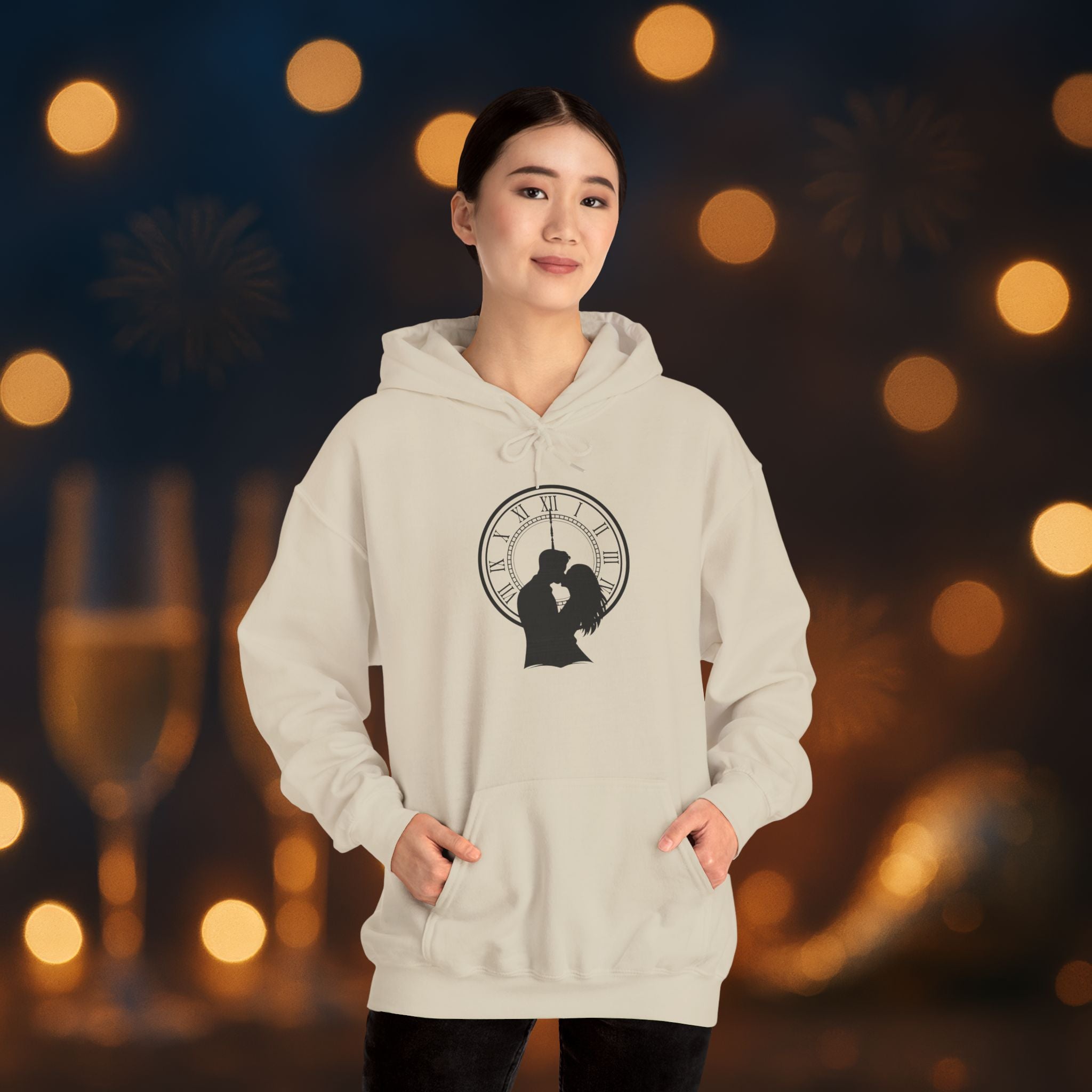 Midnight Kiss New Year’s Eve Hoodie – Romantic Clock Silhouette Pullover