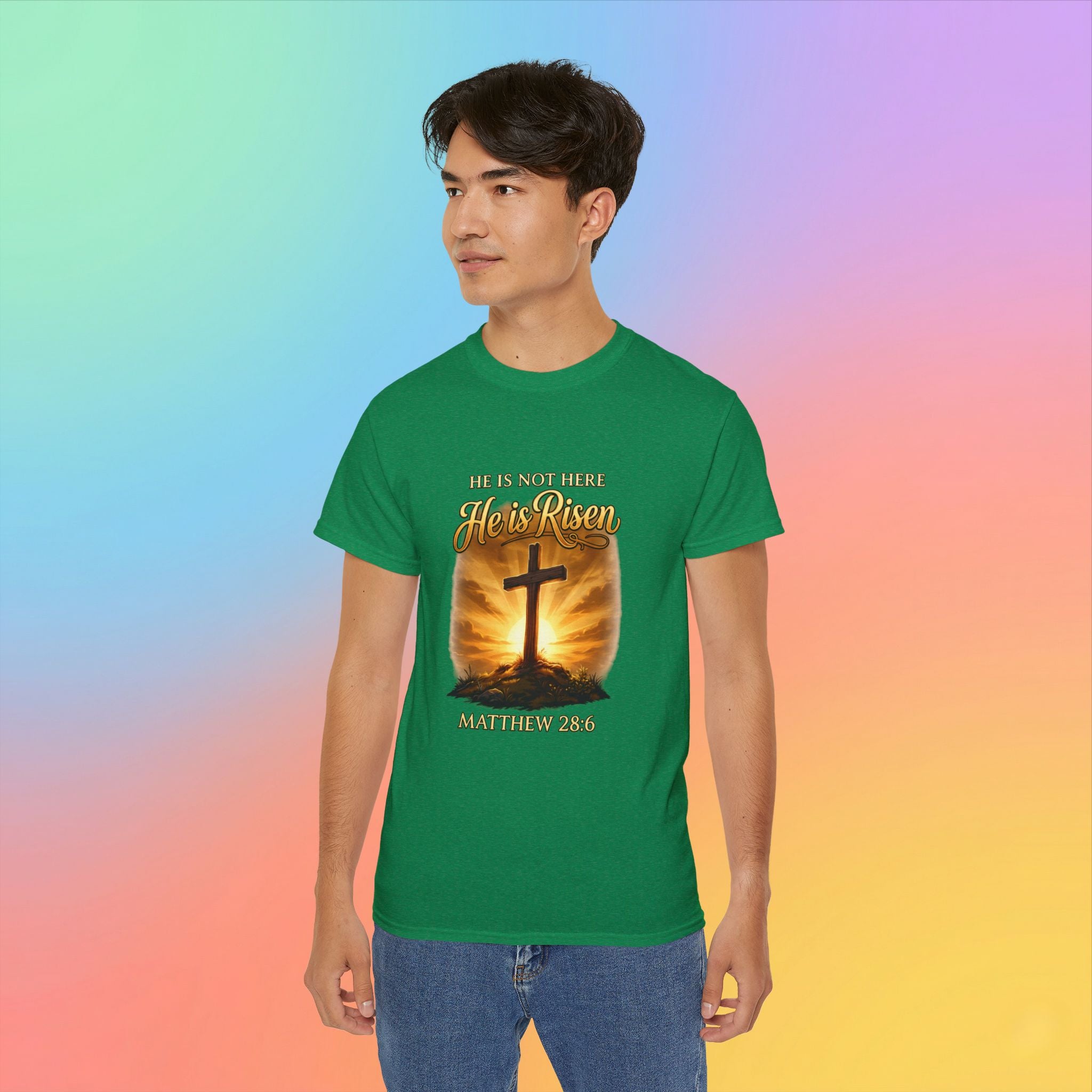 Christian Easter Shirt – He Is Risen Matthew 28:6 Cross Resurrection T-Shirt Faith-Based Easter Apparel