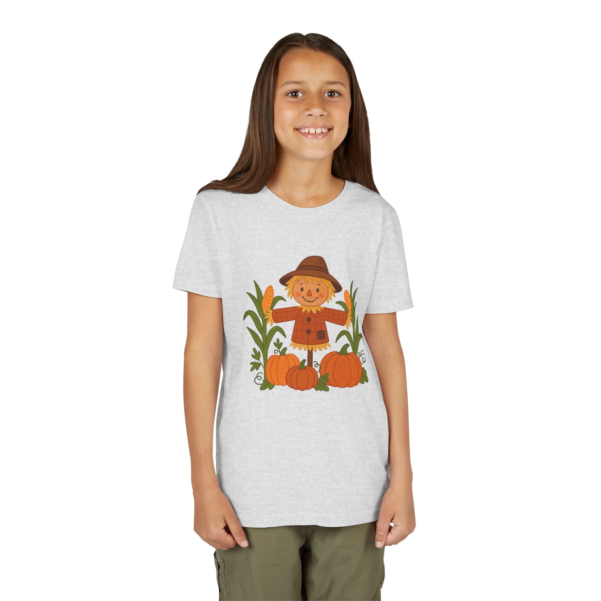 🍂 Cute Fall Scarecrow Kids T-Shirt – Autumn Pumpkins & Corn Patch Design