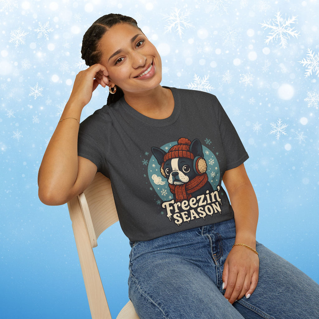 Freezin’ Season Boston Terrier Winter T-Shirt – Cute Dog Lover Tee, Cozy Holiday Graphic Shirt