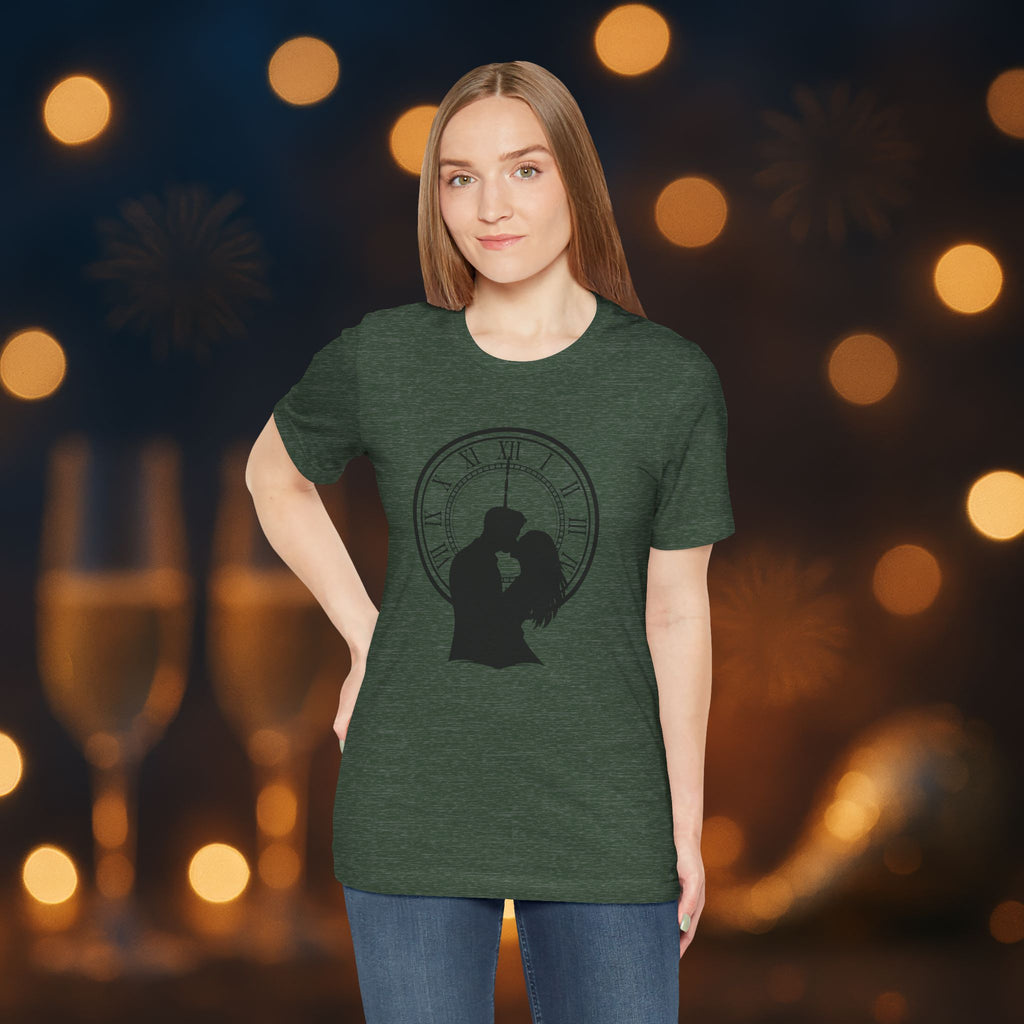 Midnight Kiss New Year’s Eve T-Shirt – Romantic Clock Silhouette Celebration Tee