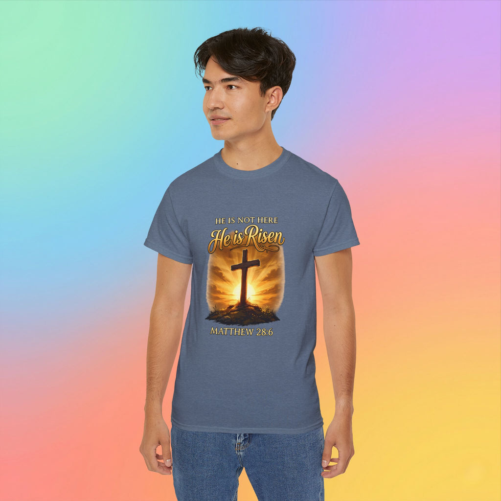 Christian Easter Shirt – He Is Risen Matthew 28:6 Cross Resurrection T-Shirt Faith-Based Easter Apparel