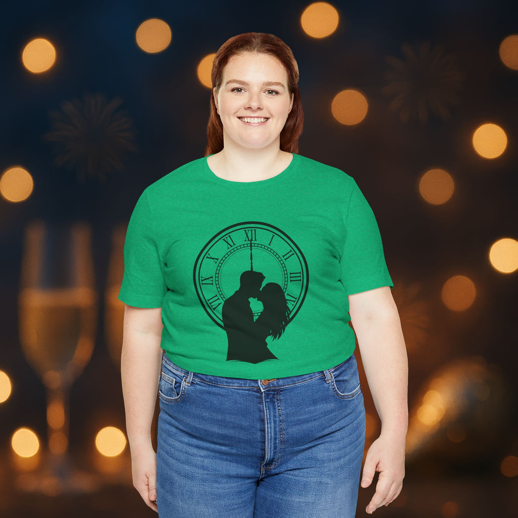 Midnight Kiss New Year’s Eve T-Shirt – Romantic Clock Silhouette Celebration Tee
