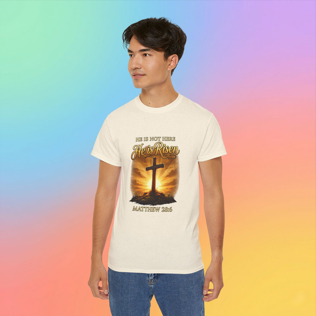 Christian Easter Shirt – He Is Risen Matthew 28:6 Cross Resurrection T-Shirt Faith-Based Easter Apparel