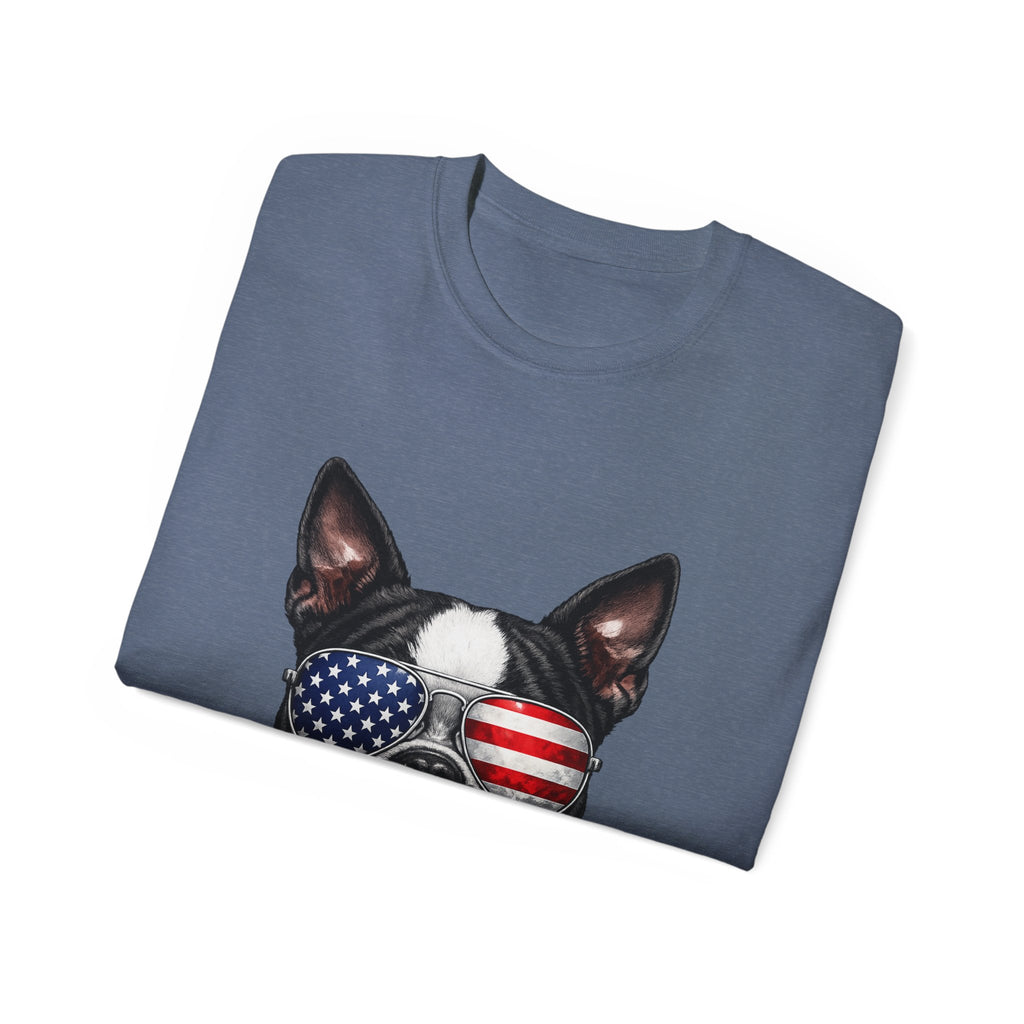 Patriotic Boston Terrier 4th of July T-Shirt | American Flag Dog Sunglasses Tee